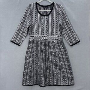 Nina Leonard Fit & Flare Knit Sweater Dress Geometric Print Black White Feminine